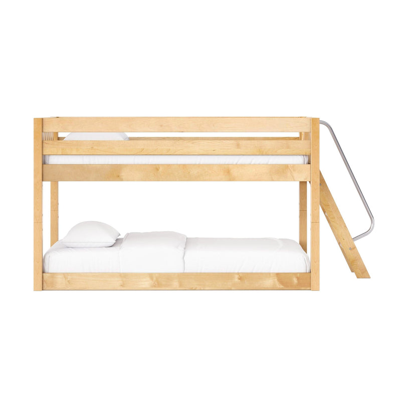 Natural maple wood bunk bed with angled ladder and white bedding, space-saving loft bed ideal for kids' bedroom or guest room