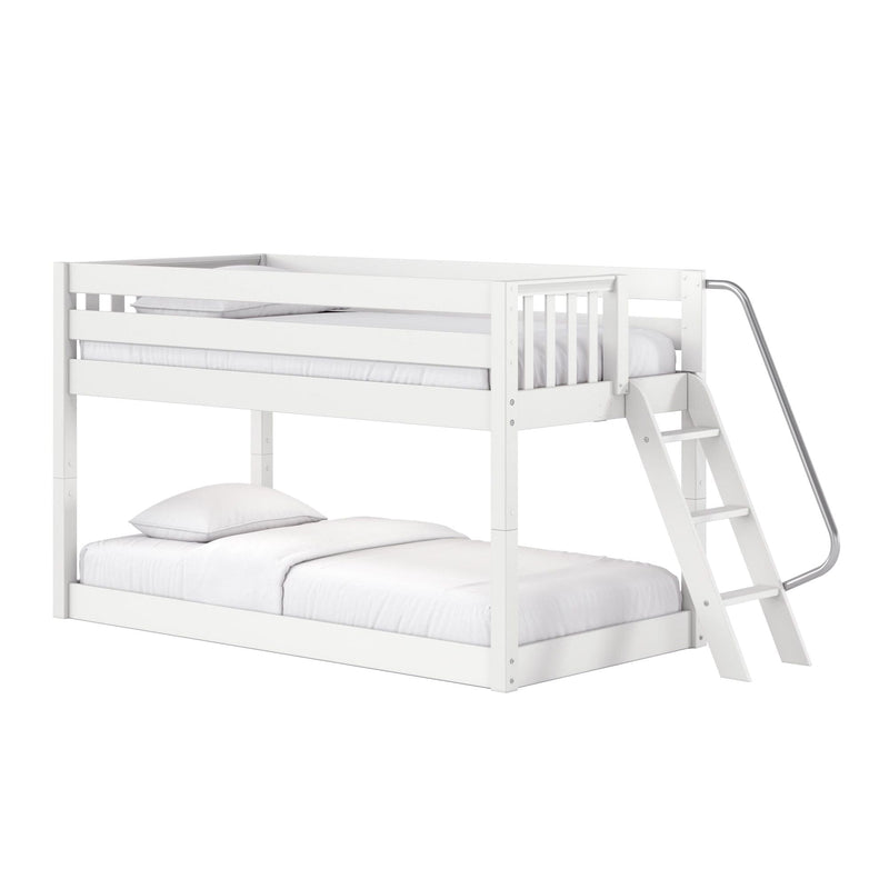 White wooden twin-over-full bunk bed with angled ladder and safety guardrail, minimalist modern kids bedroom furniture
