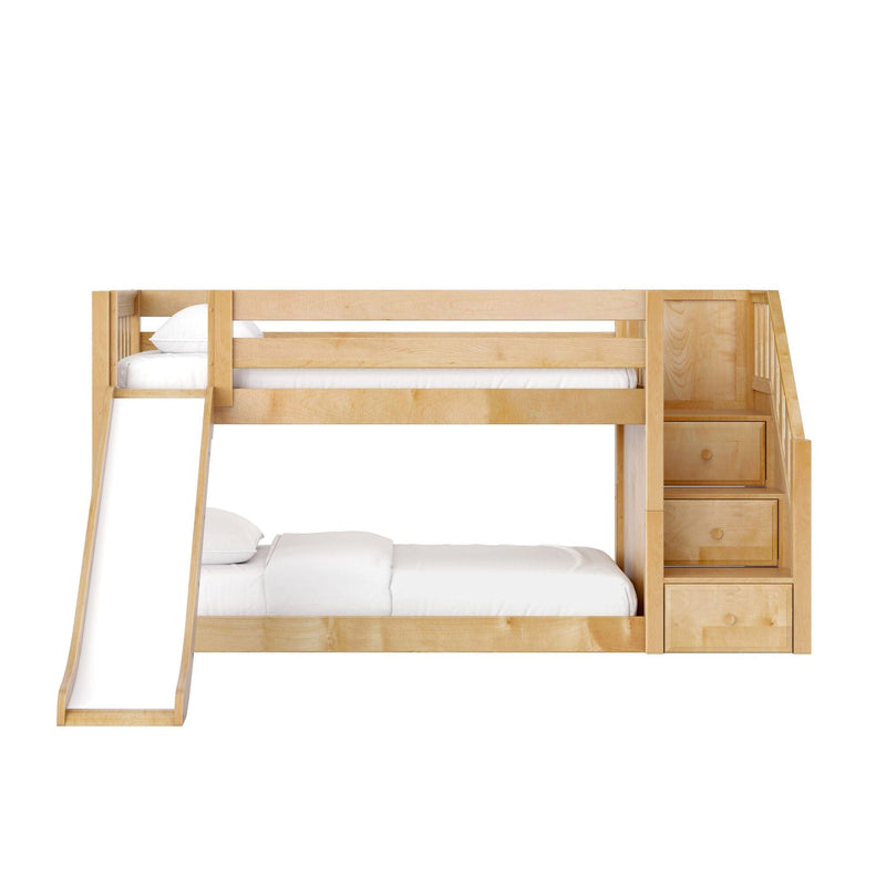 Light natural wood bunk bed with built-in staircase and storage drawers, modern kids' bedroom furniture