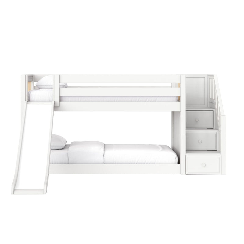 White wooden bunk bed with slide and built-in staircase drawers, twin-over-full kids' bedroom furniture