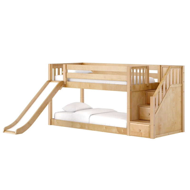 Solid maple twin-over-full loft bunk bed with slide, built-in stair storage, safety rails and white bedding