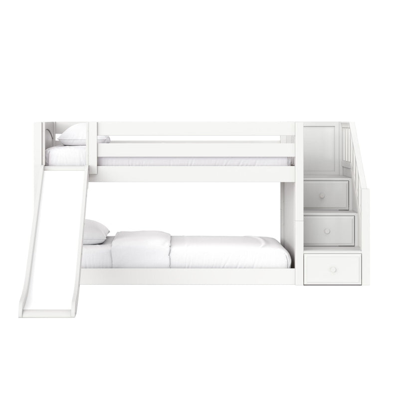 White wooden bunk bed with slide and built-in staircase drawers, twin-over-full loft bed with white bedding