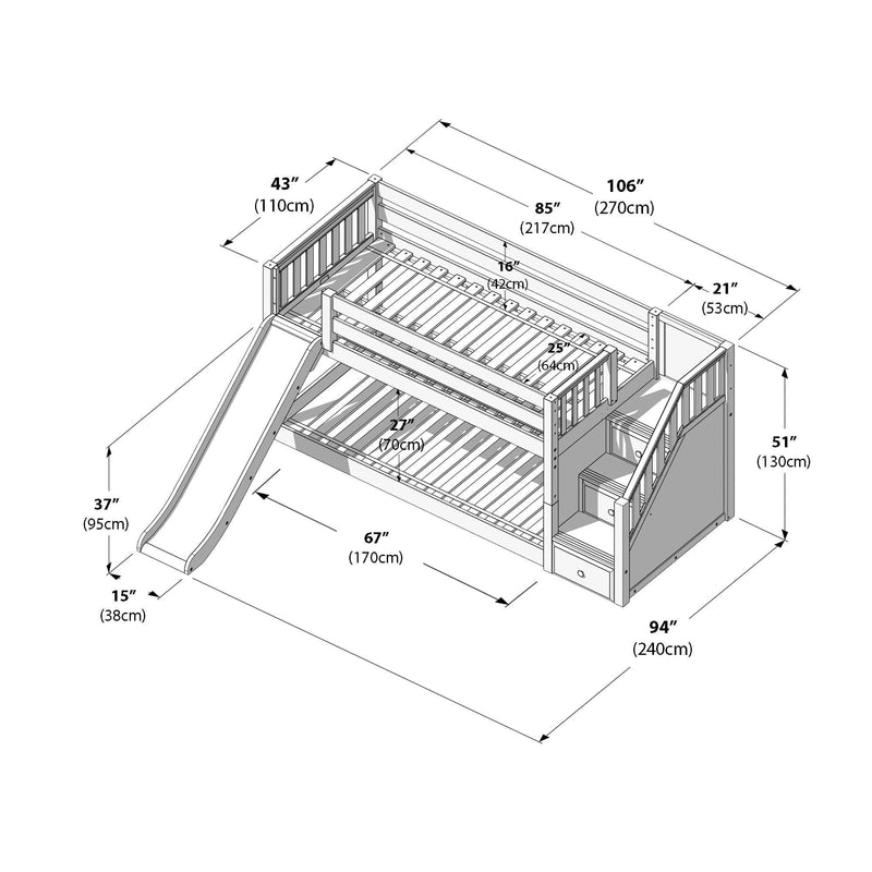 Technical drawing and dimension diagram of a wooden twin-over-twin loft bunk bed with slide, ladder, guardrails and built-in storage drawers, measurements in inches and cm.