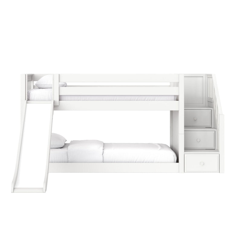 White wooden kids loft bunk bed with slide and built-in staircase drawers and white bedding