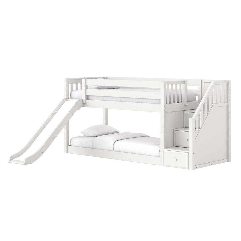 White wooden kids loft bunk bed with slide, built-in staircase and storage drawers, twin-over-full children's bedroom furniture