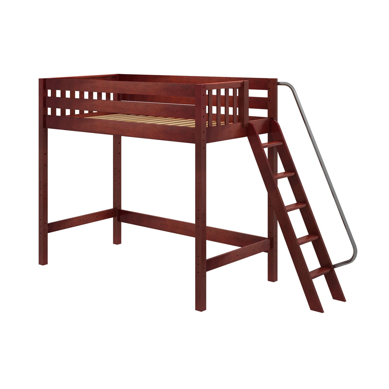Red wooden loft bed with ladder and metal slide for kids' room.