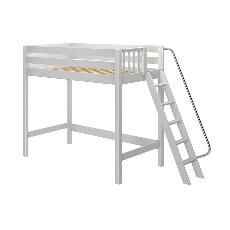 White wooden loft bed with slatted mattress base, built‑in angled ladder and chrome safety rail — space‑saving twin loft bed for kids' modern bedroom