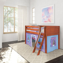 Children's wooden loft bed with curtains in a bright, modern bedroom with a nature view through large windows.