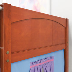 Wooden bunk bed headboard with natural finish and purple curtain detail.