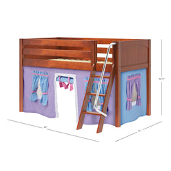 Children's wooden loft bed with slide, purple and blue play tent, perfect for kids' bedrooms.