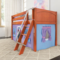 Children's Wooden Loft Bed with Ladder and Blue Purple Play Curtain in Bright Room.