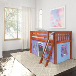 Kids wooden loft bed with ladder and playhouse curtains in a bright, airy bedroom.