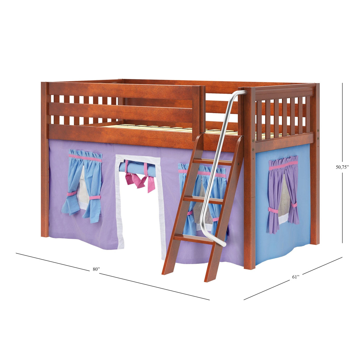 Wooden loft bed with slide, featuring purple and blue play curtains for kids.