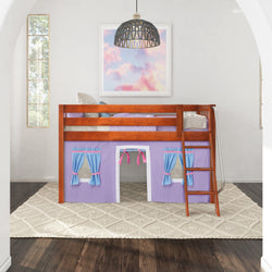 Loft bed with pink and blue playhouse curtains, wooden ladder, in a bright children's room with cloud painting.
