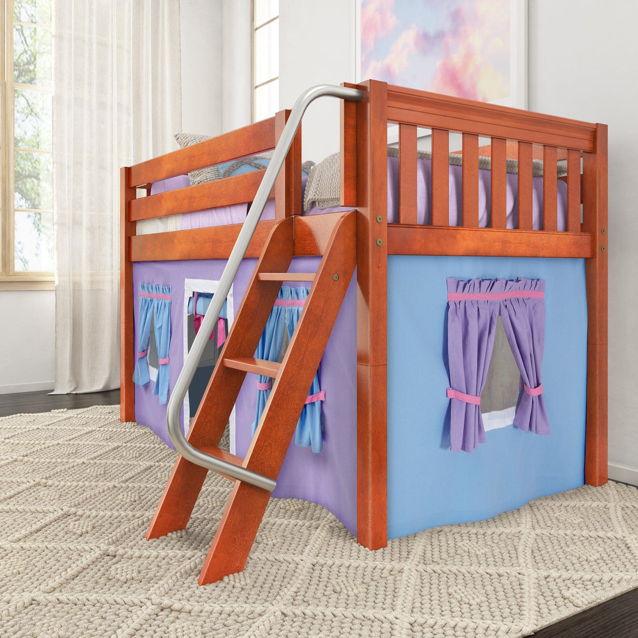 Wooden loft bed with slide and playhouse curtain for kids' bedroom.