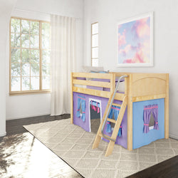 Wooden loft bed with playhouse curtains and ladder in a bright children's room with large windows.