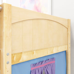 Natural wooden bed frame with colorful fabric curtains, perfect for children's bedroom decor.