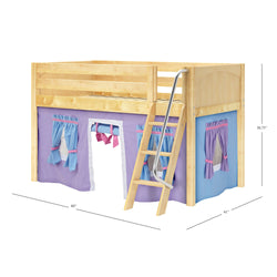 Wooden loft bed with attached playhouse curtains in purple and blue, featuring a ladder for easy access.