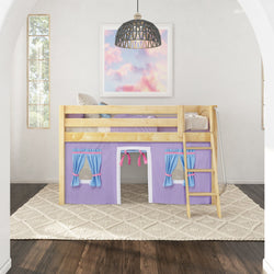 Children's wooden loft bed with purple and blue play curtain in a cozy bedroom setting.