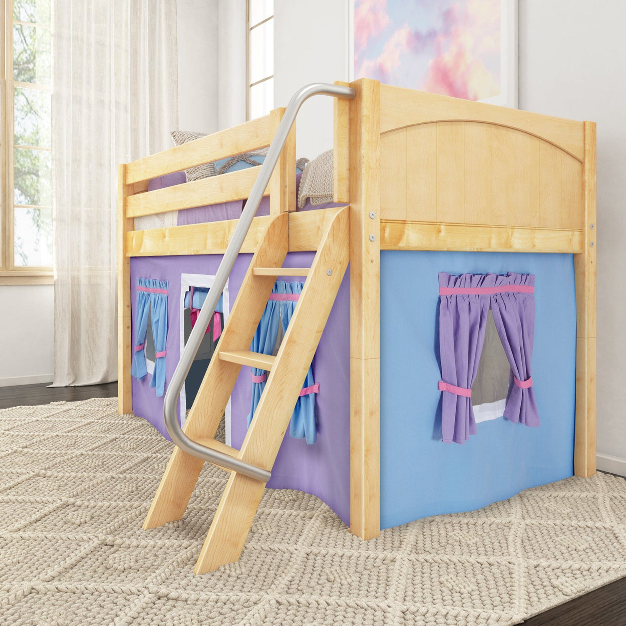 Wooden loft bed with ladder and play tent featuring purple and blue curtains in children's bedroom.