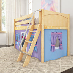 Wooden loft bed with ladder and play tent featuring purple and blue curtains in children's bedroom.
