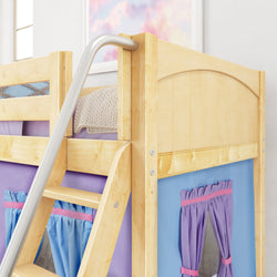 Wooden loft bed with a ladder, featuring purple and blue curtains, perfect for kids' room decor.