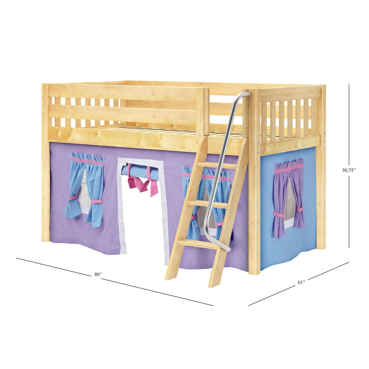 Wooden loft bed with colorful curtains and ladder, perfect for kids' bedrooms.