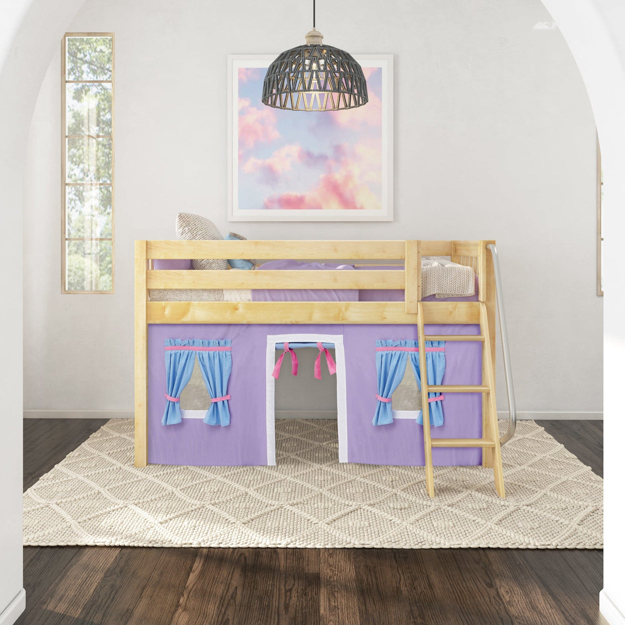 Children's wooden loft bed with colorful play tent and ladder in a bright modern bedroom.