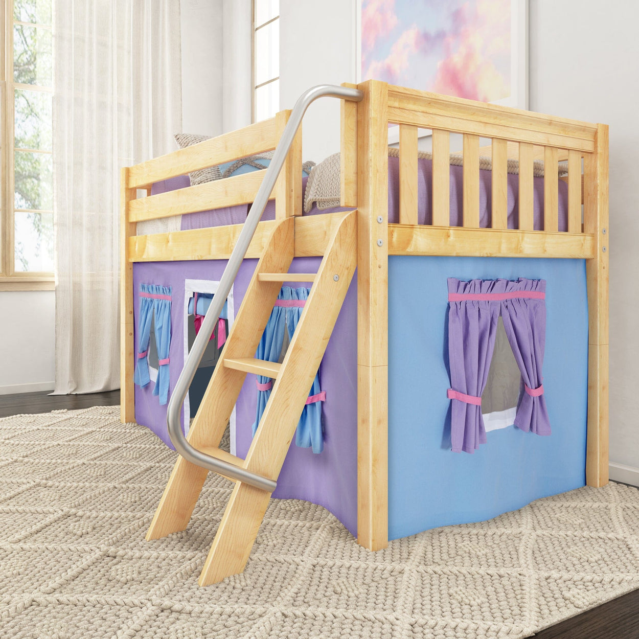 Wooden loft bed with purple curtains and blue fabric, featuring a ladder in a cozy, sunlit children's room.