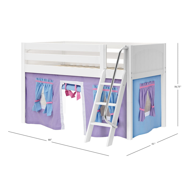 White wooden twin loft bed with ladder and guardrail featuring purple and blue play‑tent fabric curtains, kids loft bed, dimensions 80 x 61 x 50.75 inches