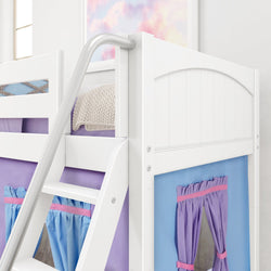 White loft bed with purple and blue curtains, featuring a ladder and cozy knitted blanket, perfect for children's bedroom decor.