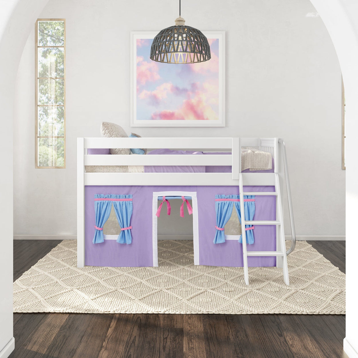 Loft bed with purple and blue playhouse curtains in a modern children's room.