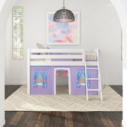 Loft bed with purple and blue playhouse curtains in a modern children's room.