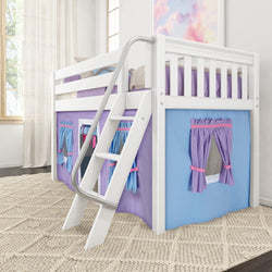 Children's white loft bed with playful blue and purple curtain tent, featuring a ladder for easy access and a cozy carpeted floor.