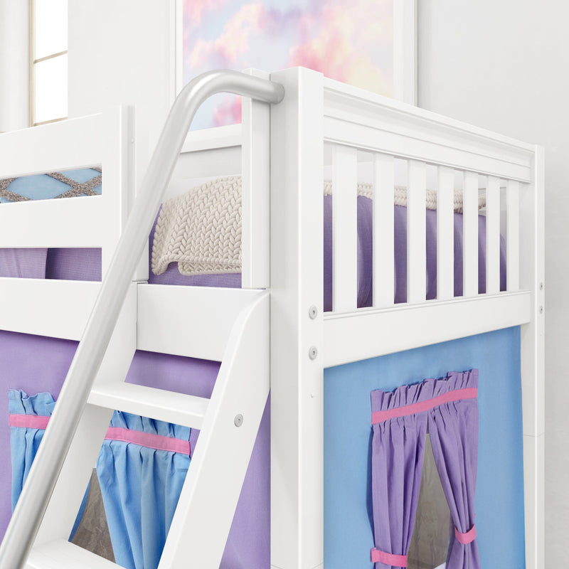 White wooden loft bunk bed with angled ladder, safety guardrail, purple bedding and blue curtain storage panels, modern kids bedroom furniture