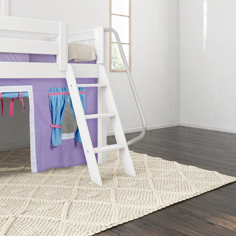 White wooden loft bed with ladder and purple play-tent curtains over a cream braided rug on dark hardwood floor in a modern kids bedroom