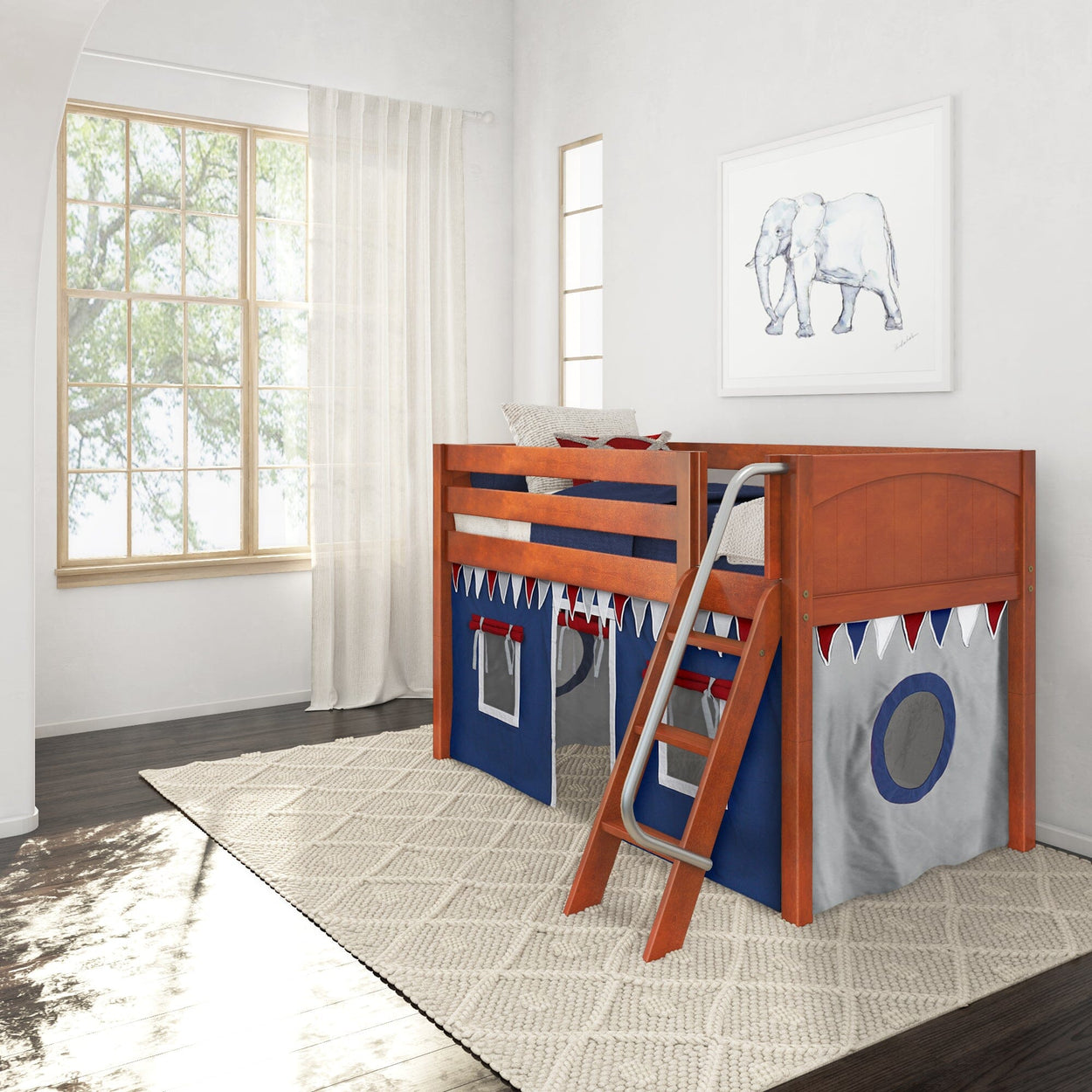 Wooden loft bed with blue and red curtains and ladder in a bright child’s room with a large window.