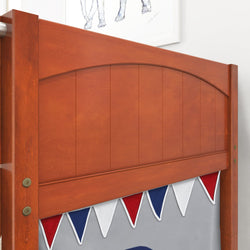 Wooden bed with red, white, and blue bunting design, ideal for kid's room decor.