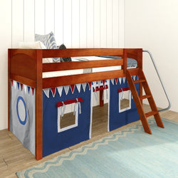 Wooden loft bed with ladder and blue playhouse tent, perfect for kids' rooms.