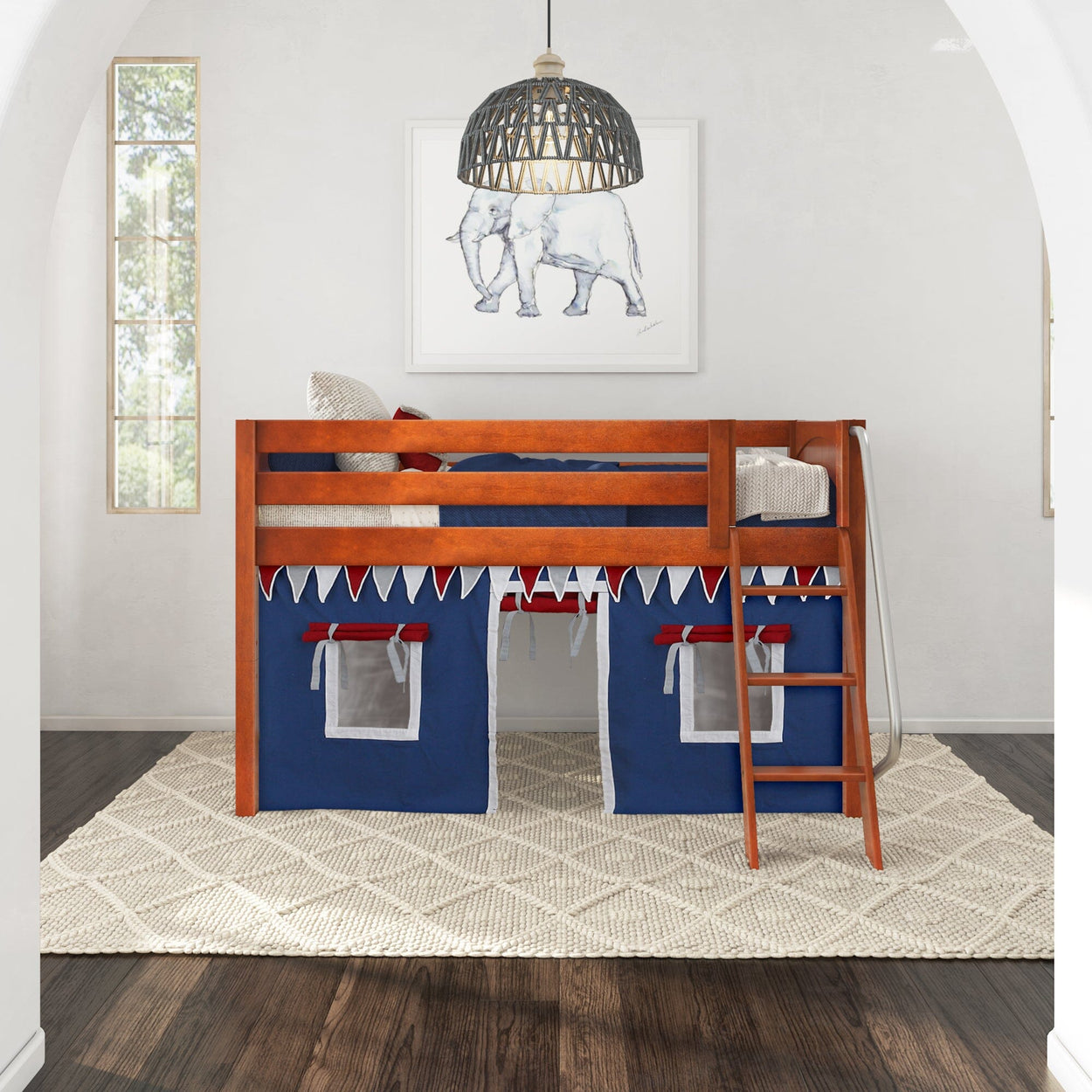 Children's wooden loft bed with blue and red play curtains in a bright, modern bedroom.