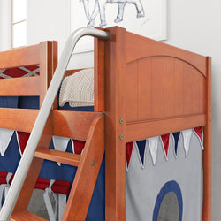 Wooden bunk bed with ladder featuring colorful decorative cloth accents.