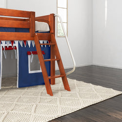 Wooden loft bed with slide and ladder on a white rug in a children's playroom.