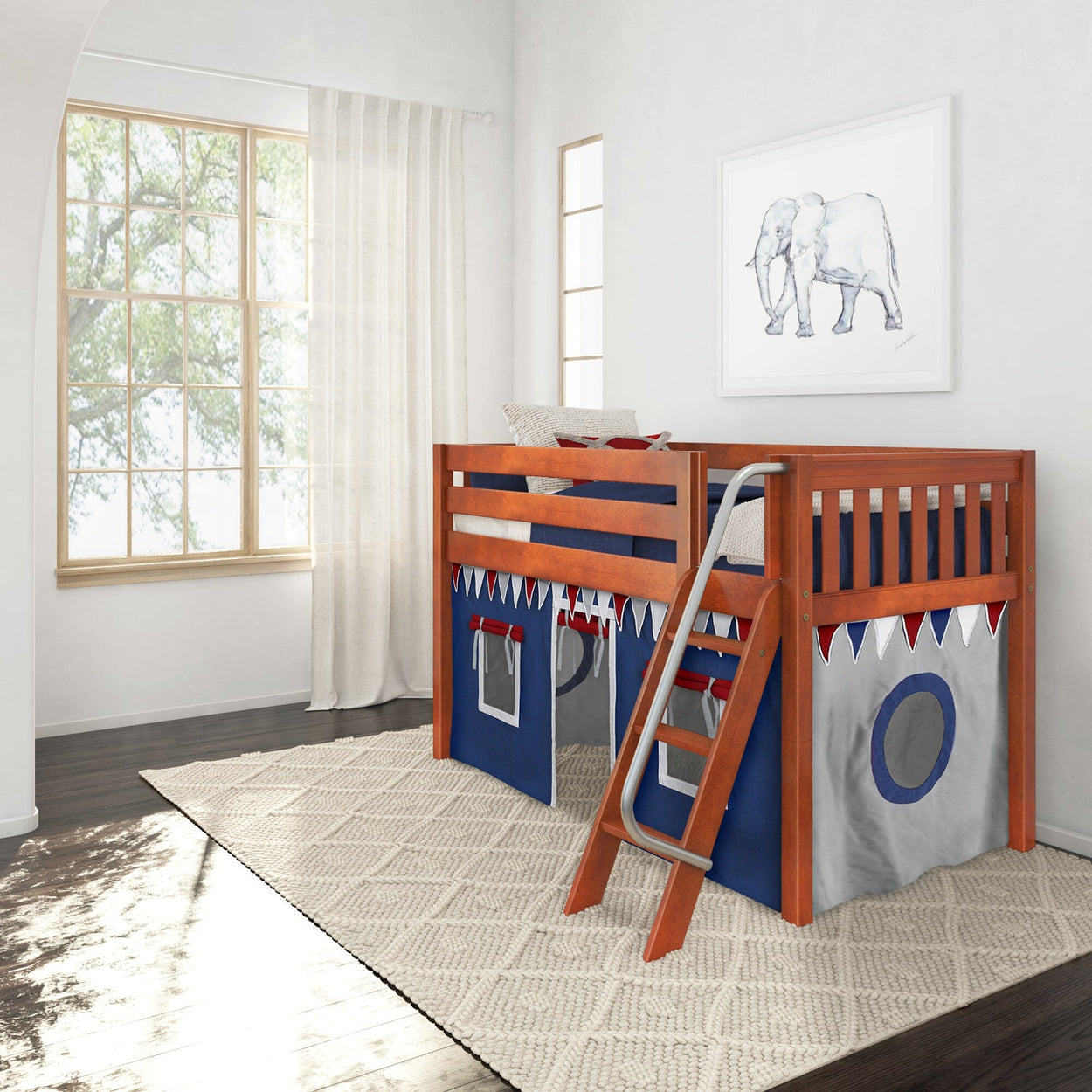 Wooden loft bed with blue and gray tent and ladder in bright children's room with large window and decorative elephant artwork.