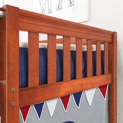 Wooden bunk bed with blue bedding and decorative flags in a modern children's room.