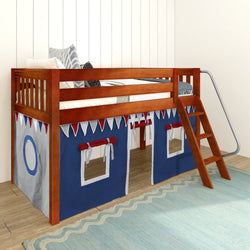 Loft bed with wooden frame and playful blue tent curtains, featuring triangular banners, ideal for a kids' bedroom.