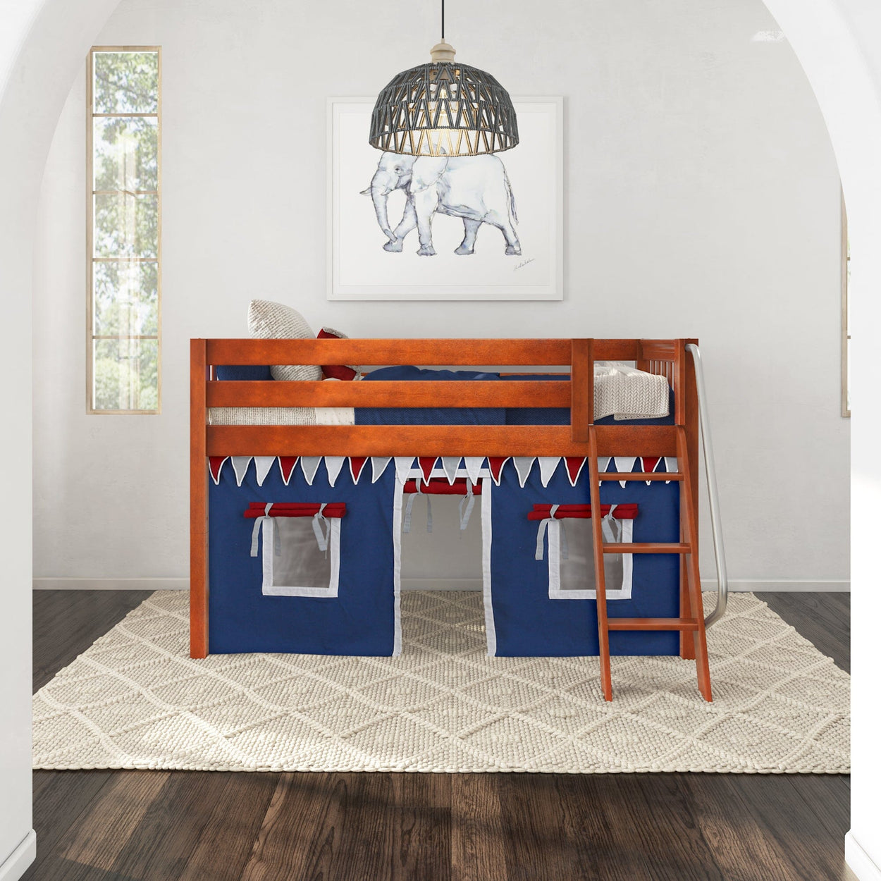 Wooden loft bed with blue tent for kids, featuring ladder and cozy play area in modern bedroom.