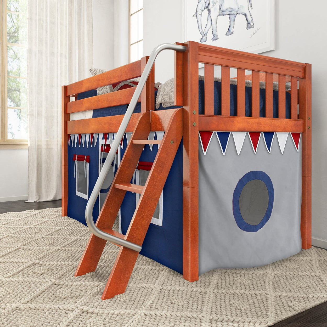 Kids' wooden loft bed with blue and red play tent and ladder in cozy bedroom setting.