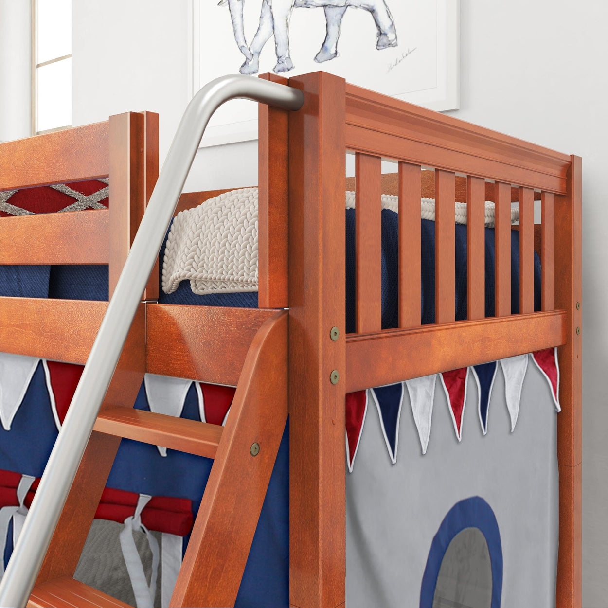 Loft bed with wooden ladder and colorful tent curtains in a cozy children's bedroom.