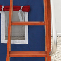 Bunk bed ladder with blue fabric curtain backdrop and red roll-up window.