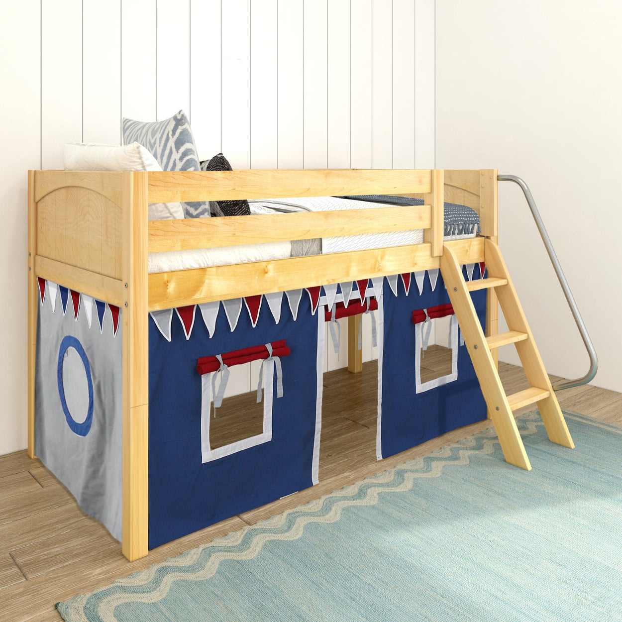 Wooden loft bed with a playhouse tent design, featuring blue and red accents and a ladder.